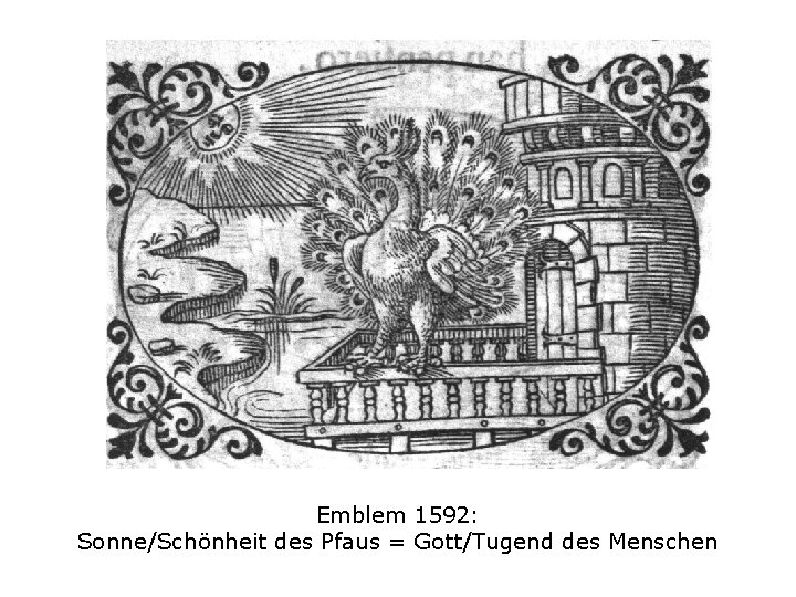 Emblem 1592: Sonne/Schönheit des Pfaus = Gott/Tugend des Menschen 