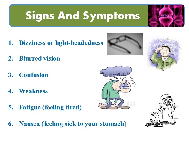 Signs And Symptoms 1. Dizziness or light-headedness 2. Blurred vision 3. Confusion 4. Weakness