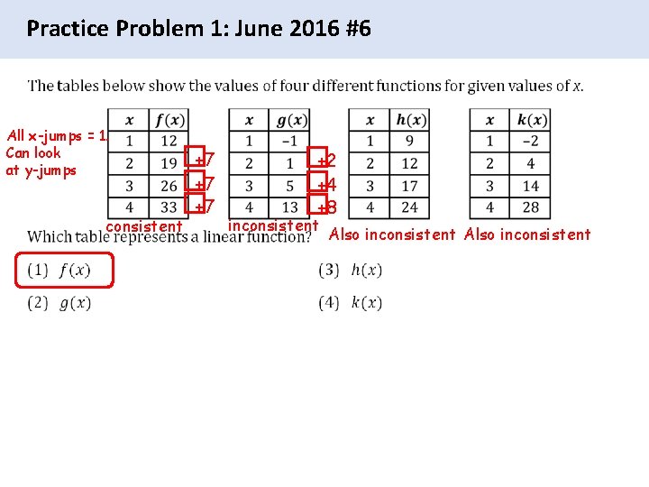 Practice Problem 1: June 2016 #6 All x-jumps = 1. Can look at y-jumps