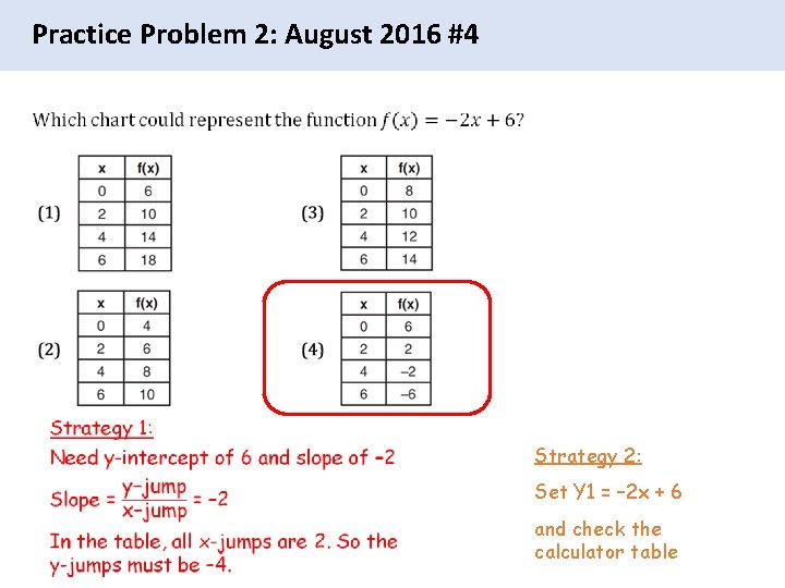 Practice Problem 2: August 2016 #4 Strategy 2: Set Y 1 = – 2