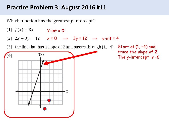 Practice Problem 3: August 2016 #11 Y-int = 0 Start at (1, – 4)