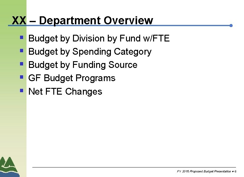 XX – Department Overview § § § Budget by Division by Fund w/FTE Budget