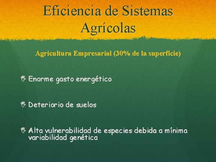 Eficiencia de Sistemas Agrícolas Agricultura Empresarial (30% de la superficie) I Enorme gasto energético