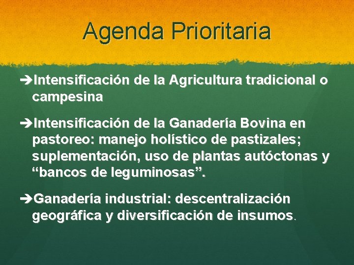 Agenda Prioritaria èIntensificación de la Agricultura tradicional o campesina èIntensificación de la Ganadería Bovina