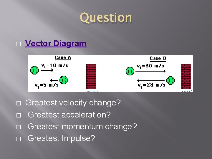 Question � Vector Diagram � Greatest velocity change? Greatest acceleration? Greatest momentum change? Greatest