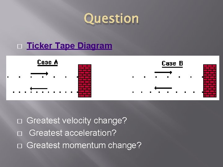 Question � Ticker Tape Diagram � Greatest velocity change? Greatest acceleration? Greatest momentum change?