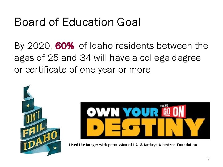 Board of Education Goal By 2020, 60% of Idaho residents between the ages of