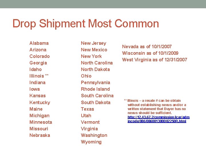 Drop Shipment Most Common Alabama Arizona Colorado Georgia Idaho Illinois ** Indiana Iowa Kansas