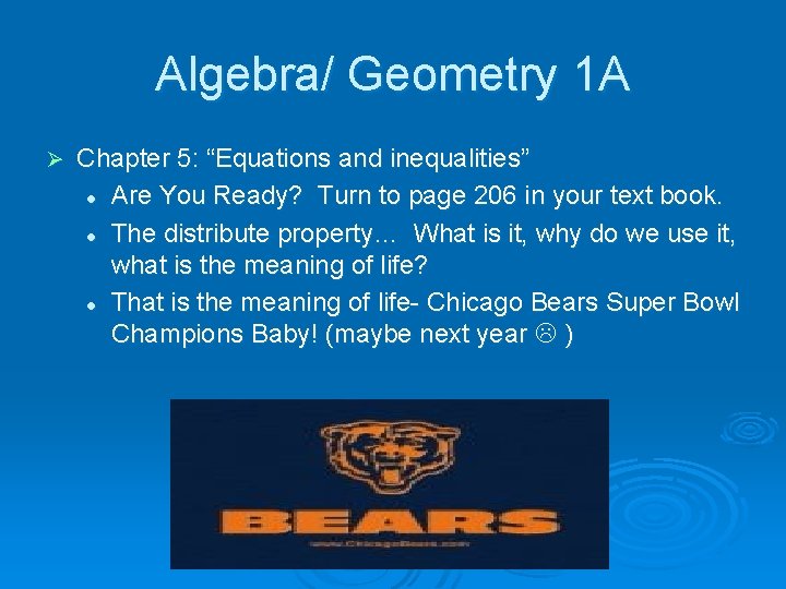 Algebra/ Geometry 1 A Ø Chapter 5: “Equations and inequalities” l Are You Ready?