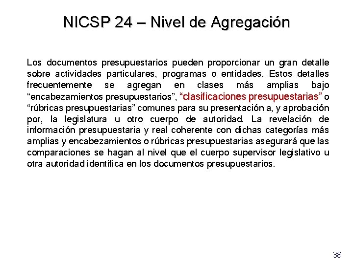 NICSP 24 – Nivel de Agregación Los documentos presupuestarios pueden proporcionar un gran detalle