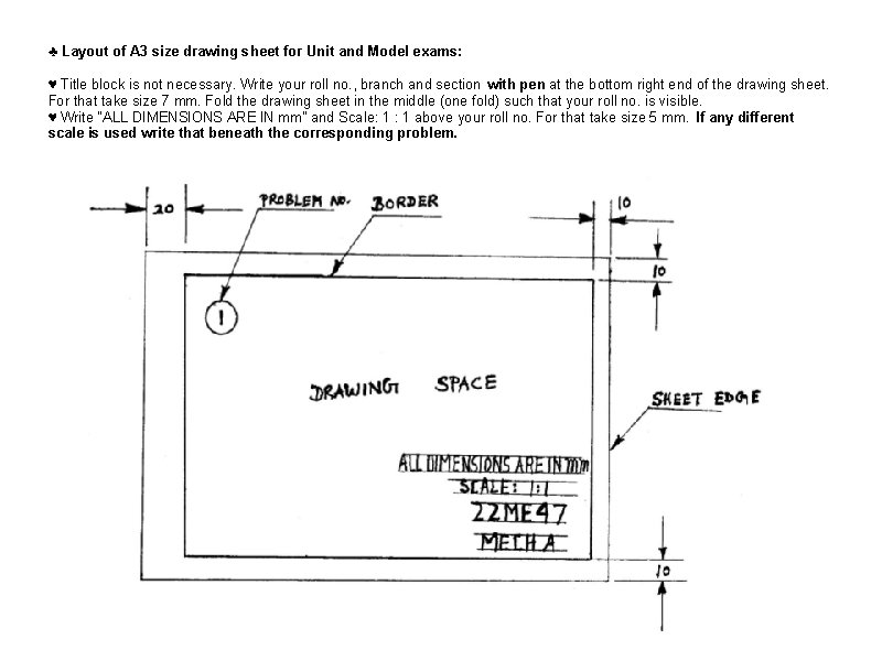 ♣ Layout of A 3 size drawing sheet for Unit and Model exams: ♥