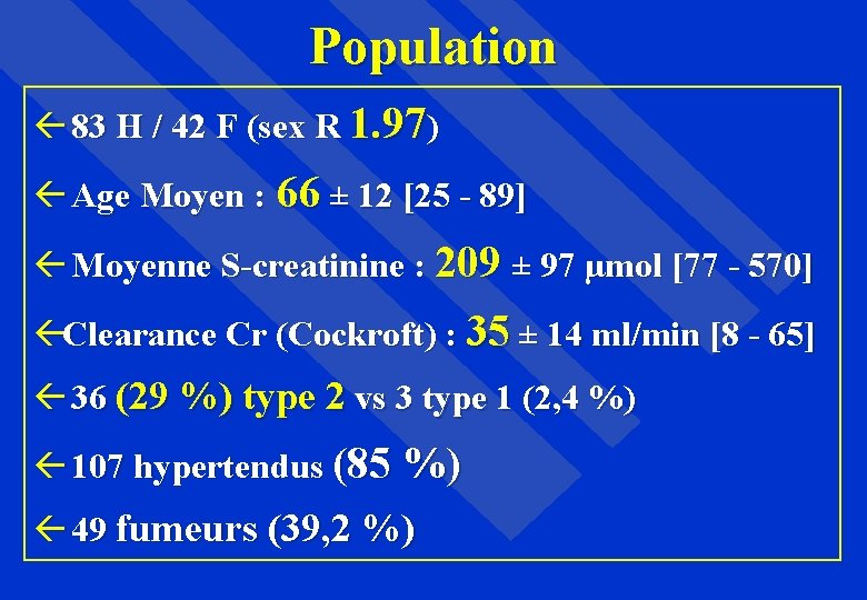 Population ß 83 H / 42 F (sex R 1. 97) ß Age Moyen