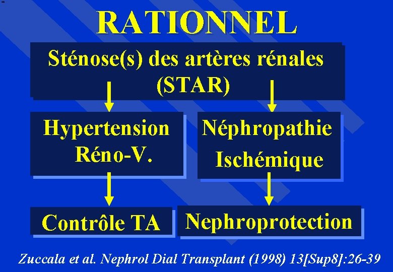 RATIONNEL Sténose(s) des artères rénales (STAR) Hypertension Réno-V. Néphropathie Ischémique Contrôle TA Nephroprotection Zuccala
