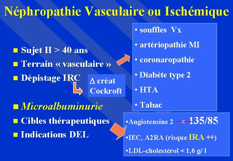 Néphropathie Vasculaire ou Ischémique • souffles Vx Sujet H > 40 ans Terrain «