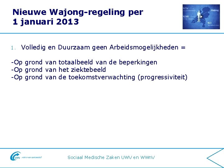 Nieuwe Wajong-regeling per 1 januari 2013 1. Volledig en Duurzaam geen Arbeidsmogelijkheden = -Op