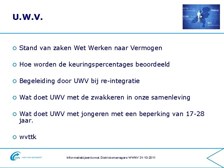 U. W. V. ¢ Stand van zaken Wet Werken naar Vermogen ¢ Hoe worden