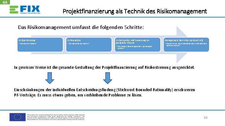 4 A Projektfinanzierung als Technik des Risikomanagement Das Risikomanagement umfasst die folgenden Schritte: Risikoerkennung