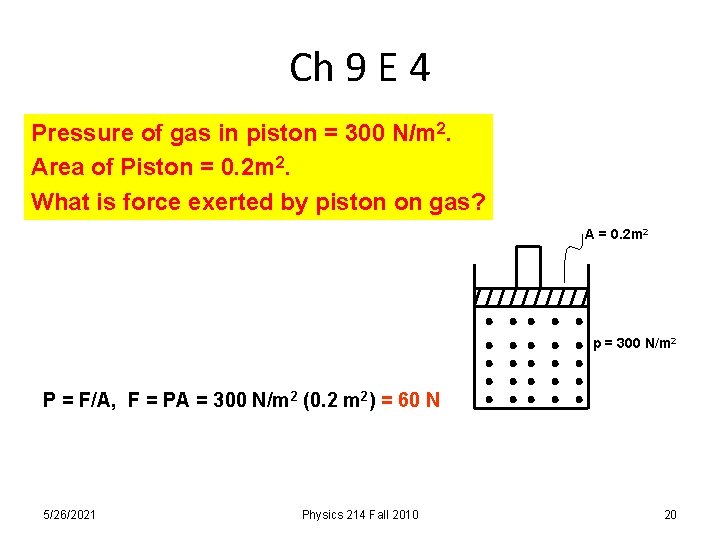 Ch 9 E 4 Pressure of gas in piston = 300 N/m 2. Area