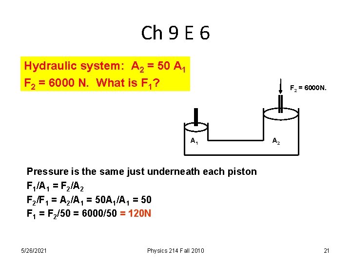 Ch 9 E 6 Hydraulic system: A 2 = 50 A 1 F 2