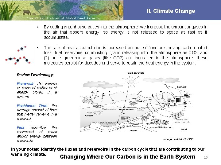 II. Climate Change • By adding greenhouse gases into the atmosphere, we increase the