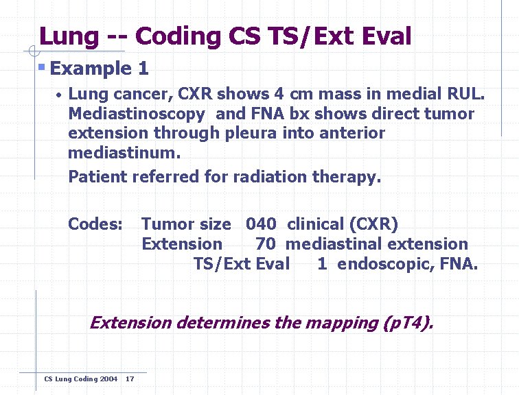 Lung -- Coding CS TS/Ext Eval § Example 1 • Lung cancer, CXR shows