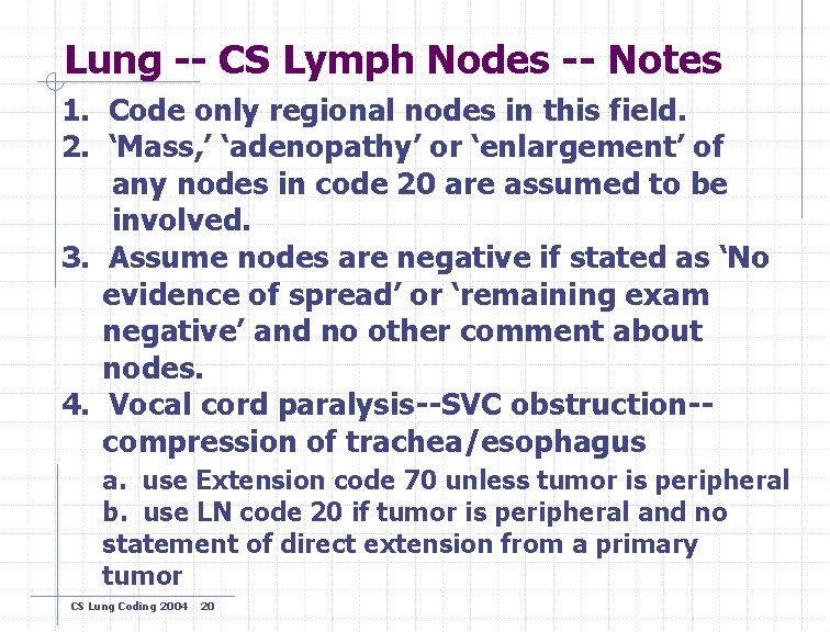 Lung -- CS Lymph Nodes -- Notes 1. Code only regional nodes in this