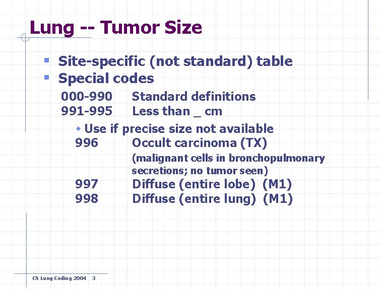 Lung -- Tumor Size § Site-specific (not standard) table § Special codes 000 -990