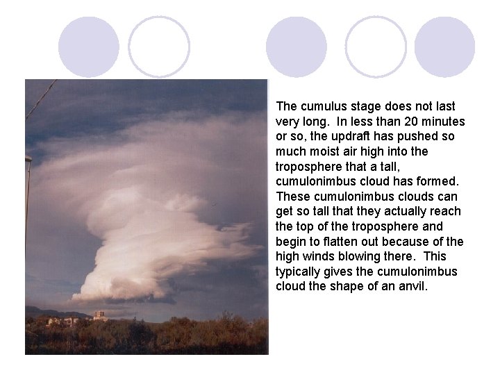 The cumulus stage does not last very long. In less than 20 minutes or The cumulus stage does not last very long. In less than 20 minutes or