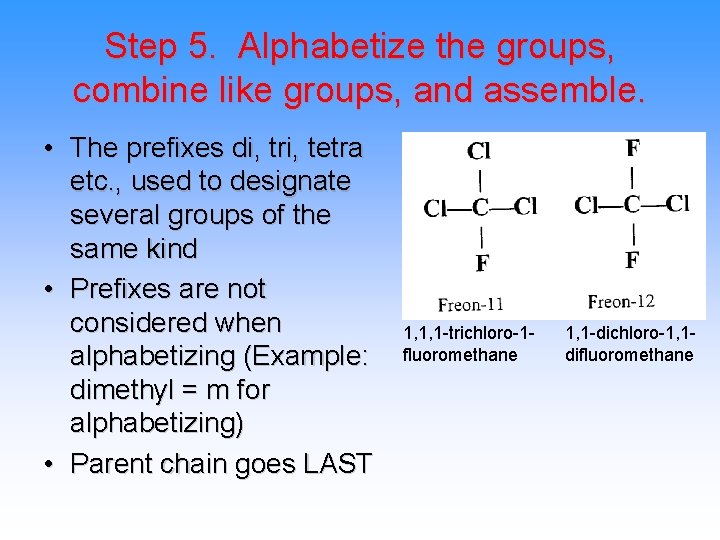 Step 5. Alphabetize the groups, combine like groups, and assemble. • The prefixes di,