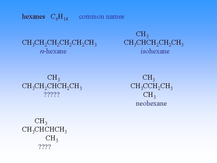 hexanes C 6 H 14 common names CH 3 CH 2 CH 2 CH