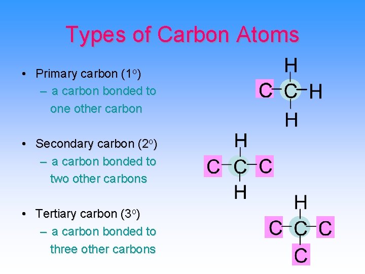 Types of Carbon Atoms • Primary carbon (1 o) – a carbon bonded to