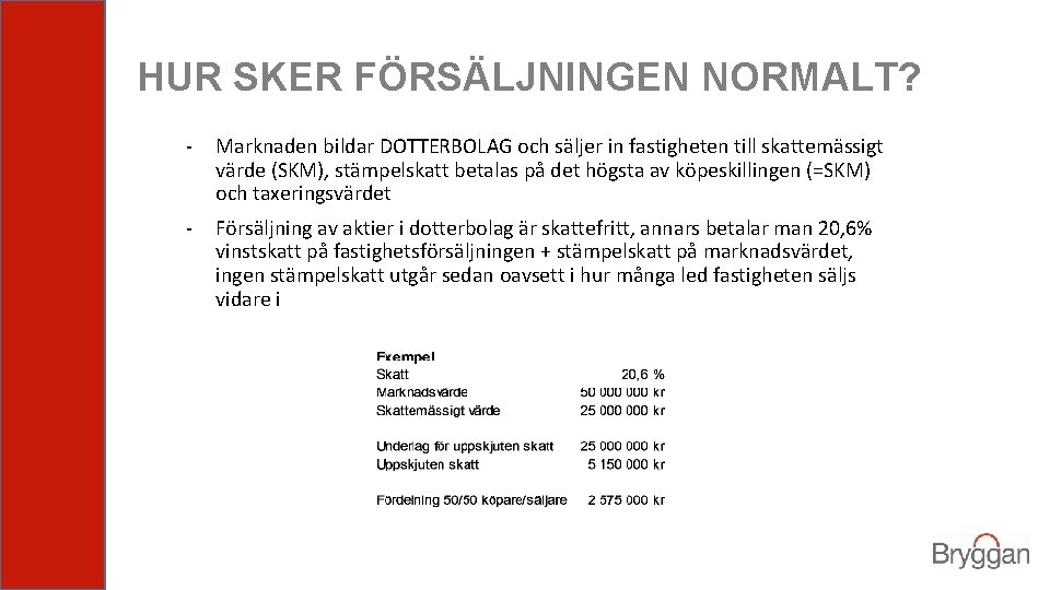 HUR SKER FÖRSÄLJNINGEN NORMALT? - Marknaden bildar DOTTERBOLAG och säljer in fastigheten till skattemässigt