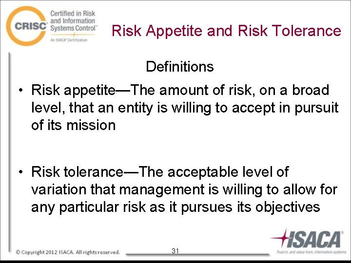 Risk Appetite and Risk Tolerance Definitions • Risk appetite—The amount of risk, on a