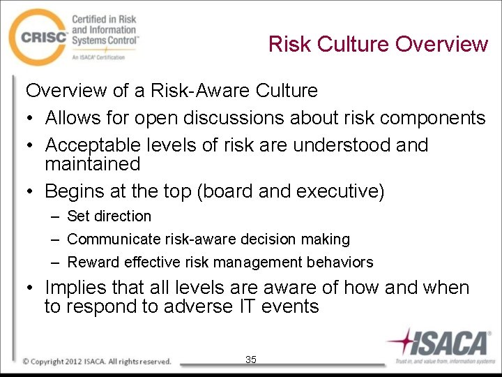 Risk Culture Overview of a Risk-Aware Culture • Allows for open discussions about risk