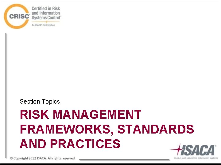 Section Topics RISK MANAGEMENT FRAMEWORKS, STANDARDS AND PRACTICES 