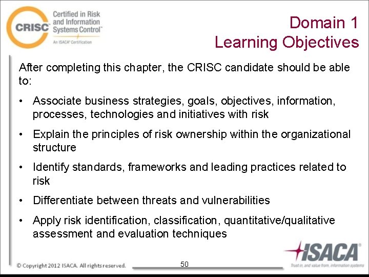 Domain 1 Learning Objectives After completing this chapter, the CRISC candidate should be able