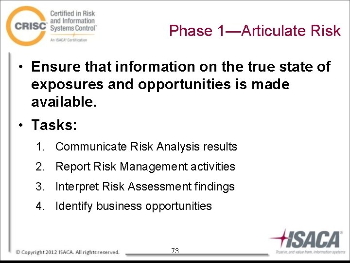 Phase 1—Articulate Risk • Ensure that information on the true state of exposures and