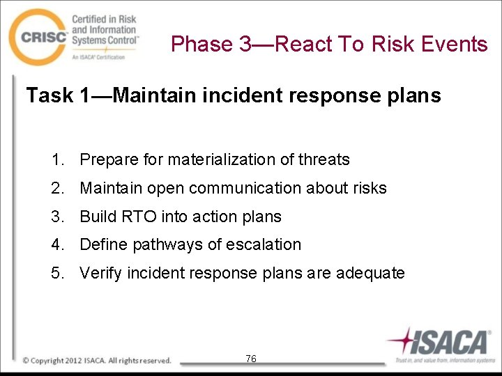 Phase 3—React To Risk Events Task 1—Maintain incident response plans 1. Prepare for materialization