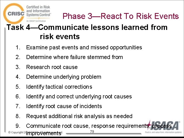 Phase 3—React To Risk Events Task 4—Communicate lessons learned from risk events 1. Examine