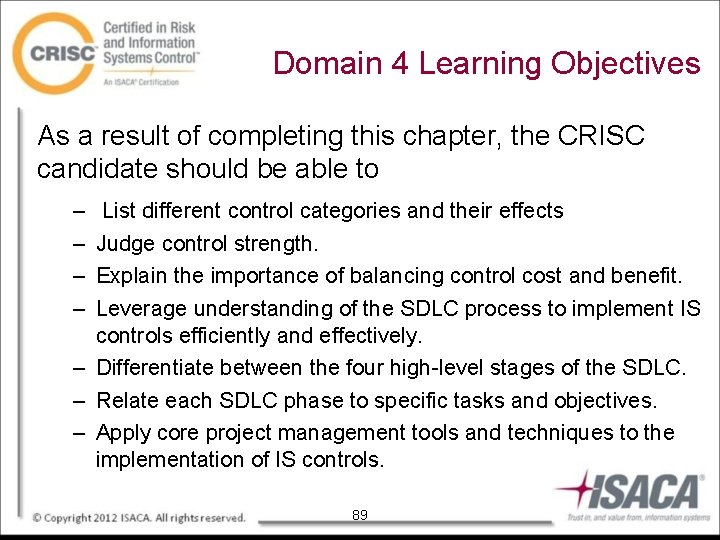 Domain 4 Learning Objectives As a result of completing this chapter, the CRISC candidate