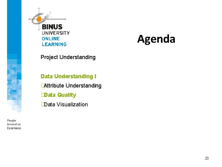 Agenda Project Understanding Data Understanding I �Attribute Understanding �Data Quality �Data Visualization 20 