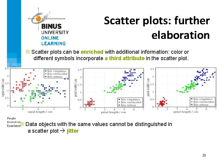 Scatter plots: further elaboration Scatter plots can be enriched with additional information: color or