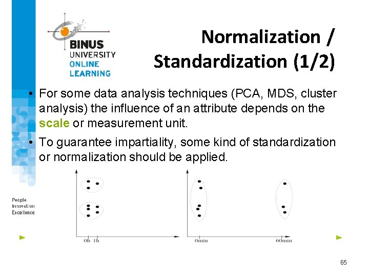 Normalization / Standardization (1/2) • For some data analysis techniques (PCA, MDS, cluster analysis)