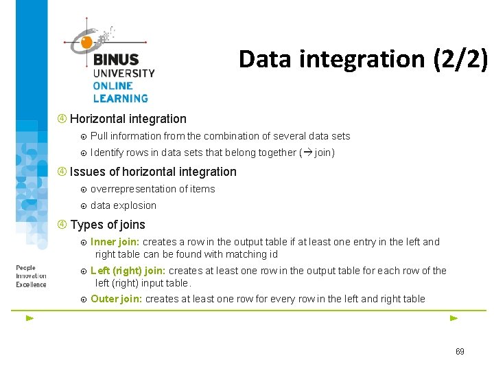 Data integration (2/2) Horizontal integration Pull information from the combination of several data sets
