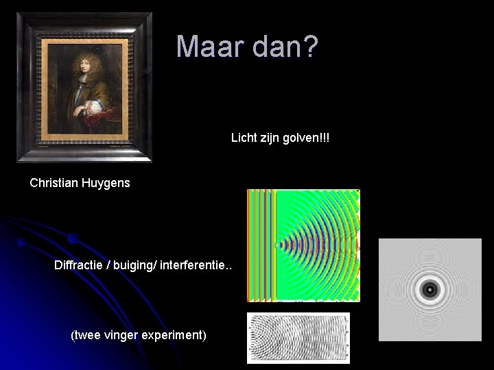 Maar dan? Licht zijn golven!!! Christian Huygens Diffractie / buiging/ interferentie. . (twee vinger