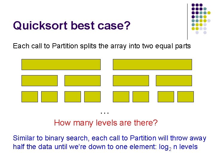 Quicksort best case? Each call to Partition splits the array into two equal parts