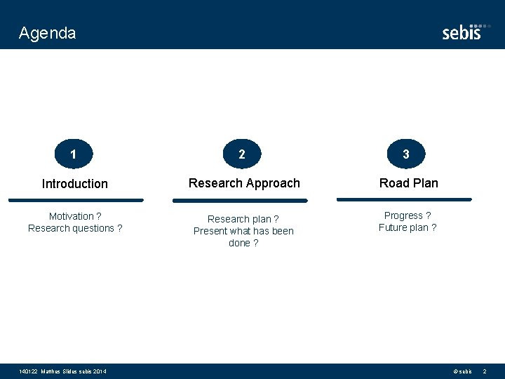 Agenda 1 2 3 Introduction Research Approach Road Plan Motivation ? Research questions ?