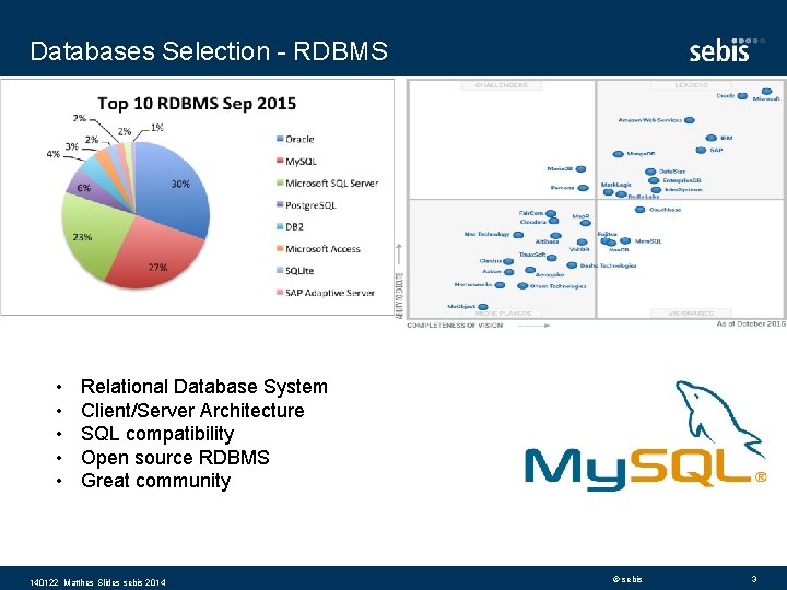 Databases Selection - RDBMS • • • Relational Database System Client/Server Architecture SQL compatibility
