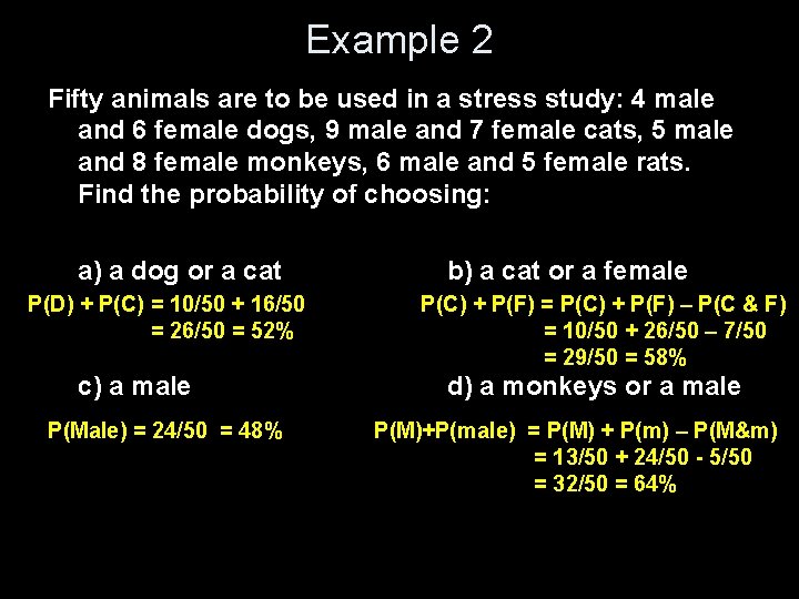 Example 2 Fifty animals are to be used in a stress study: 4 male