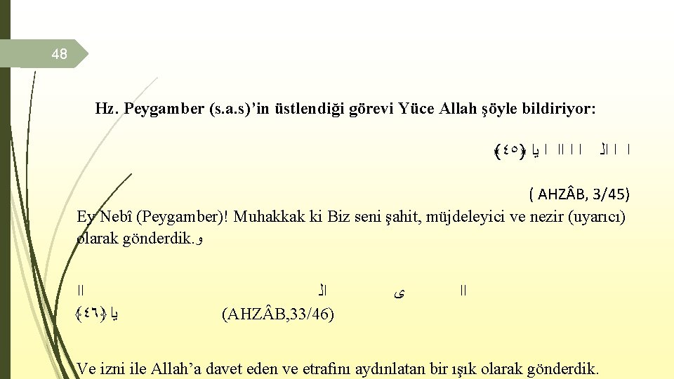 48 Hz. Peygamber (s. a. s)’in üstlendiği görevi Yüce Allah şöyle bildiriyor: ﴾٤٥﴿ ﺍ